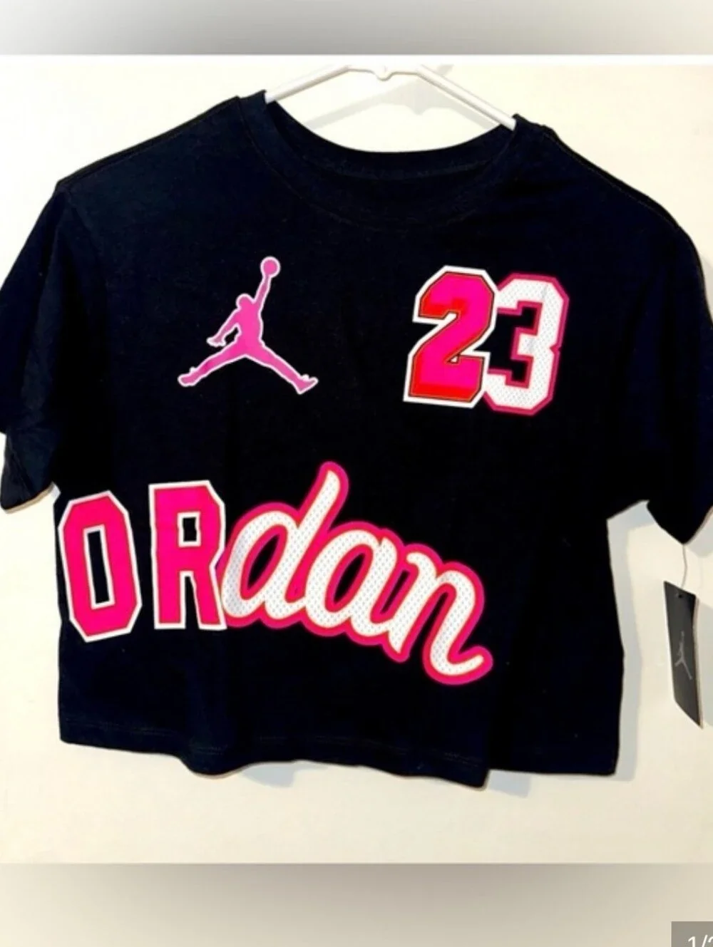 Jordan Black Cropped Tee with Pink Graphic Accents NWT